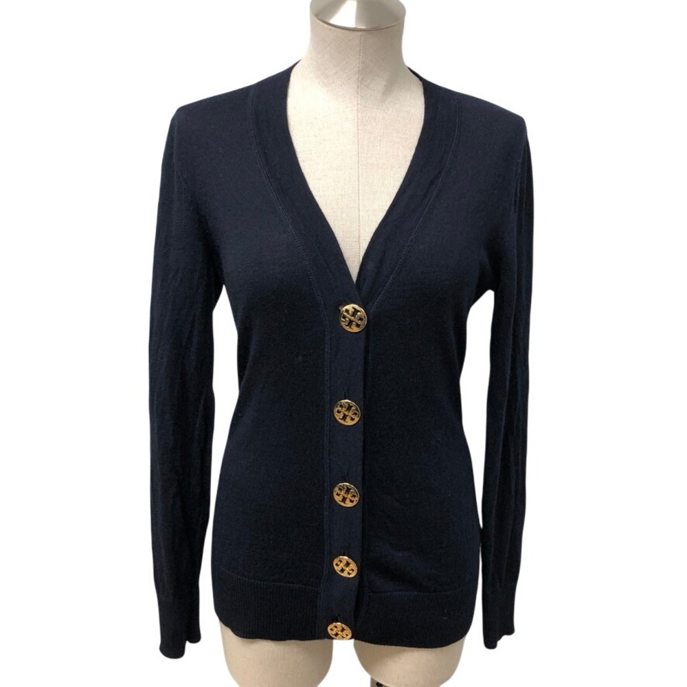 Tory Burch Cardigan Womens Small Navy Blue Gold Logo Button Merino Wool V-Neck